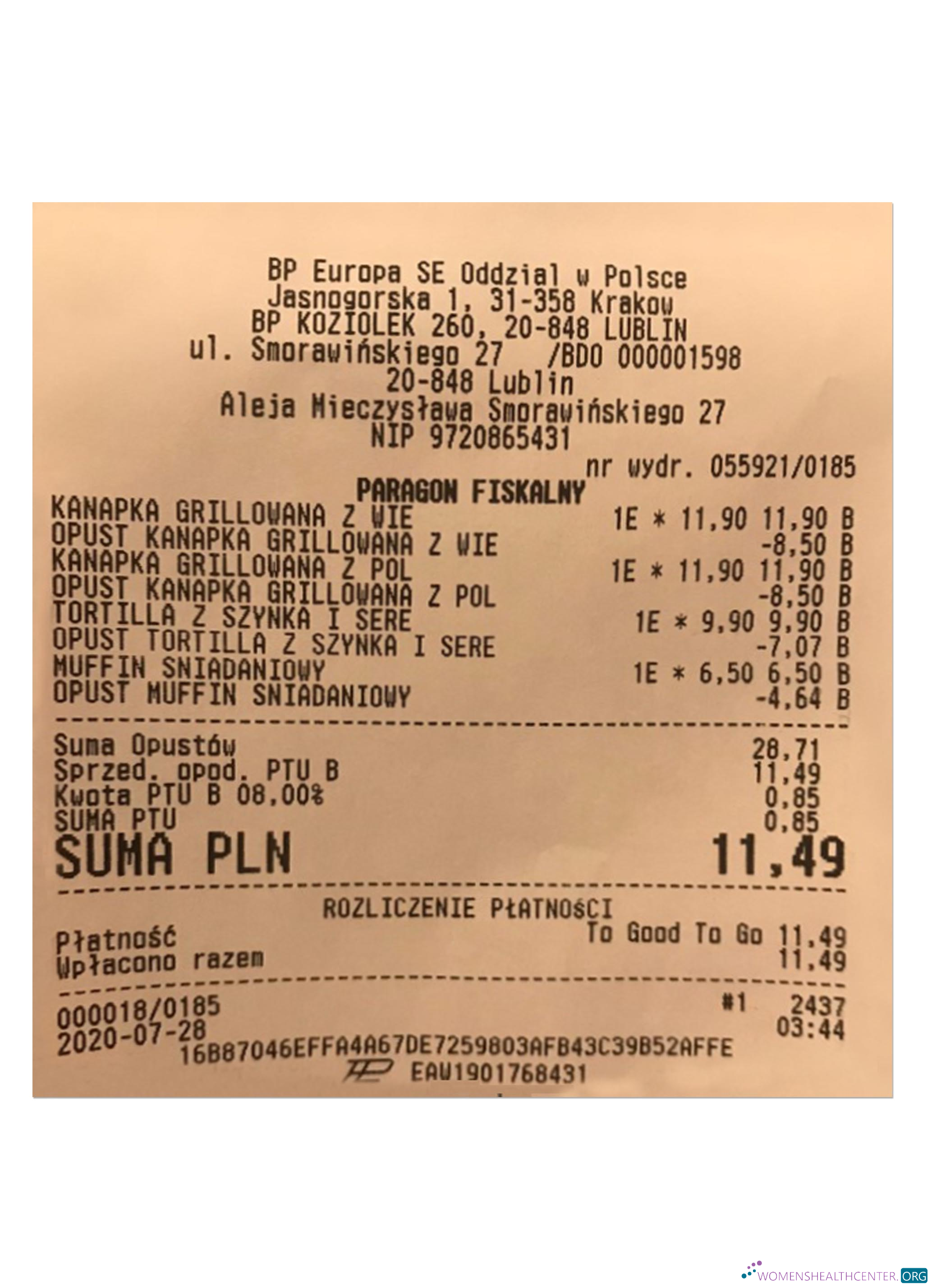 Download BP EUROPA SE ODDZIAL receipt Photoshop template